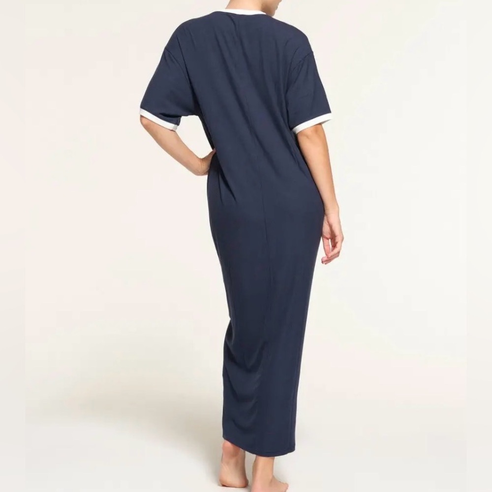 SKIMS Small Soft Lounge Ringer T-Shirt Maxi Dress Navy Blue White Short Sleeve S - Picture 8 of 10